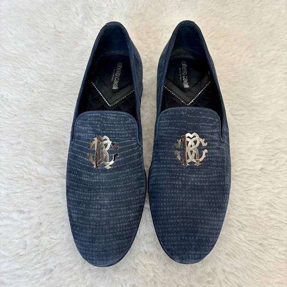 Roberto Cavalli Textured Navy Silver Logo Slip On Men’sshoes size 41 US 8